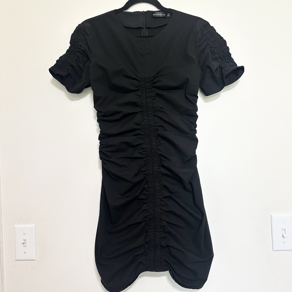 Monartw‎ Cinched Black Ruched Dress Size Medium Bodycon Party Club Nightlife